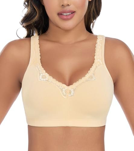 DotVol Women's Lace Cotton Comfort Plus Size Full Cup Minimizer Non Foam Wireless Bra(Nude,46C)