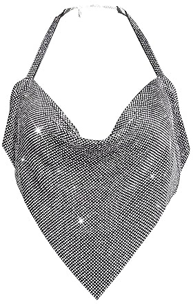 Top sexy para mujer con cuello en V para mujer, metal brillante, cadena de diamantes brillantes, cuello halter, chaleco bustiers para mujer