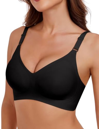 LEYSHE Damen BH ohne Bügel Push Up Bügelloser Nahtloser Minimizer BH V-Ausschnitt Comfy Tshirt Bra Soft Bequemer Bralette,Schwarz,L