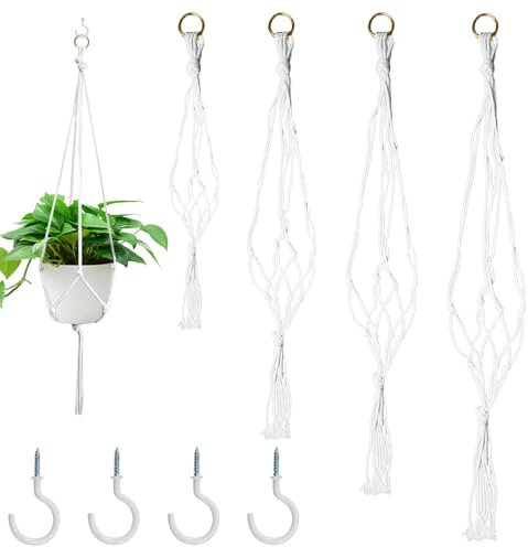 FerraDrend Suspension Plante Intérieure,4 PCS Macramé Pot Suspendu,Suspension Plante Exterieur avec 4 Crochets en Métal pour Intérieur, Extérieur, Jardin, Balcon, Patio, Fenêtre, Beige