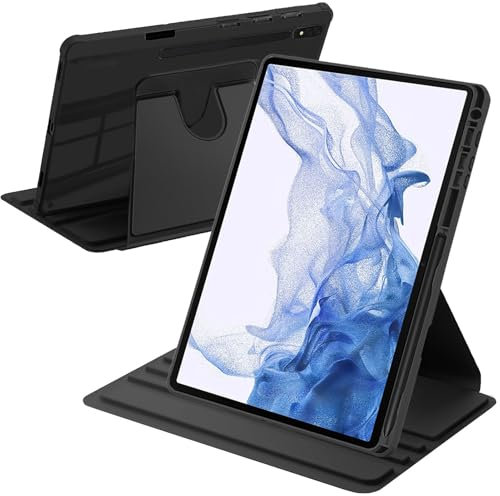 A-BEAUTY Rotierende Hülle Kompatibel mit Samsung Galaxy Tab S7 FE 2021/S8 Plus 2022/S7 Plus 2020 12,4 Zoll mit S Pen Halter, 360° Drehbare Schutzhülle Ständer Klare Rückseite, Schwarz