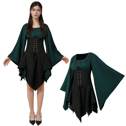 JDFAIJEAL Women's Medieval Dress with Trumpet Sleeves,Traditional Irish Dress for Women,Renaissance Elf Costume,Gothic Clothing for Carnival Costume Cosplay Halloween Party (Black Green, XL)