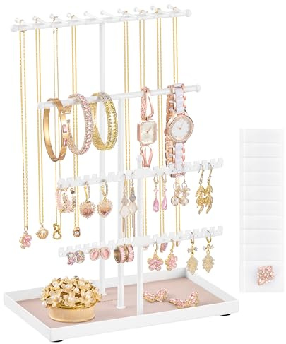 SONGMICS Schmuckständer, Schmuckhalter, Metallrahmen, Schmucktablett Samt, Schmuckaufbewahrung für Halsketten Armbänder Ohrringe Ohrstecker Ringe, Geschenkidee, weihnachten, mattweiß JJS036WG03