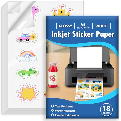 Euqvunn 18 Hojas Papel Pegatina para Imprimir A4, Vinilo Imprimible Adhesivo Blanco Lucido Impermeable, Adhesivo de Página Completa para Impresoras de Inyección de Tinta, Secado Rápido, 210x297mm