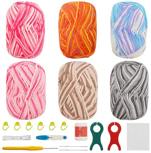 FALSKT Crochet Yarn Assorted Double Knitting Wool 6X50g Acrylic Yarn Crochet Wool with Crochet Hooks Stitch Markers for DIY Amigurumi Craft Blankets Shawls Socks Dolls（Multicoloured, 5-Ply）