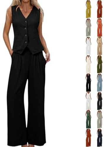 Ensemble 2 pièces pour femme en coton et lin avec col en V, sans manches, boutonné et pantalon à jambes larges, ensemble d'automne assorti élégant pour le bureau, 01 - Noir, S