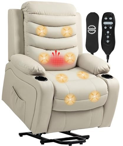 HOMCOM Sillón Relax Reclinable Eléctrico Levanta Personas, con Masaje Vibratorio y Calor, Sillón Elevador, con Puerto USB, Control Remoto, Reposapiés, Tapizado en PU, Bolsillos, Portavasos, Crema