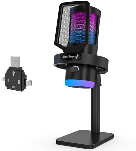 ZealSound Wireless Microphone for PC Mac iPhone iPad & Android, USB Mic with Noise Reduction, Tap Mute and Volume Control, RGB Light and Real-Time Monitoring, for Podcasting Streaming Gaming & TikTok