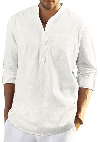 LVCBL Chemise Hommes À Manches Longues Henley Chemise D'été Hommes Chemise Décontractée Chemise en Lin Coupe Régulière