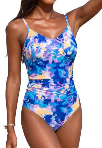 CUPSHE Traje de baño de una pieza para mujer con recorte, cuello en V, control de abdomen, tirantes ajustables, anillo en O, Azul / Amarillo, S