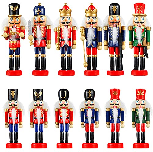 12 pezzi di Natale Schiaccianoci Ornamento Piccolo Soldato Schiaccianoci in legno Decorazioni da appendere Figura Schiaccianoci Figura di Natale Decorazione Albero Figura Giocattolo Regalo Burattino