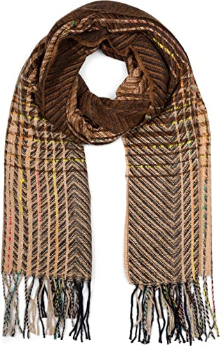 styleBREAKER Bufanda de punto fino para señoras con patrón de rayas coloridas en zig-zag y flecos, cálida estola de invierno multicolor 01017149, color:Marrón-Beige