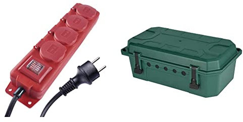 EMOS Steckdosenleiste 4-fach mit Schalter, 10m Kabel, schwarz/rot & Electraline 300180 wasserdichte Schutzbox für Elektroanschlüsse im Freien wetterfest IP54 mit 5 Kabelausgängen, 390x228x138 mm, Grun