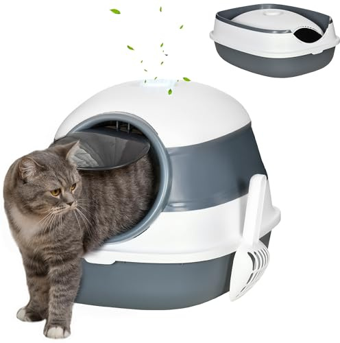 PawHut bac à litière pour Chat Maison de Toilette pour Chat Pliable Porte battante Lucarne + Pelle fournis 52 x 41 x 38 cm - Gris Blanc