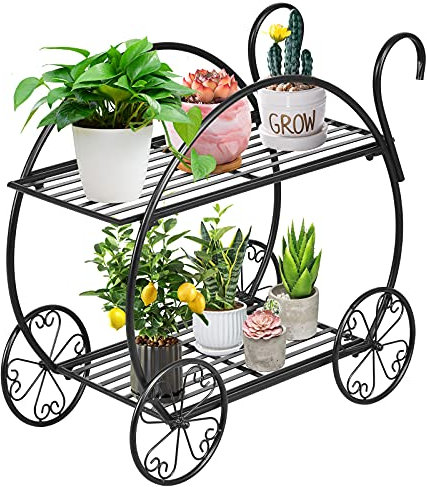 COSTWAY Pflanzenregal Blumenregal 2-stufig, Blumenständer freistehend, Blumentreppe Metall, Pflanzentreppe schwarz Pflanzenständer für Balkon Garten Terrasse