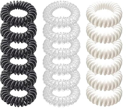 18pcs Spiral Hair Ties, Plastic Scrunchie Ties, Non-trace Coil Hair Ties, Phone Cord Hair Ties, Elastic Ponytail Holder, Hair Accessories for Girls (Black, White and Clear)