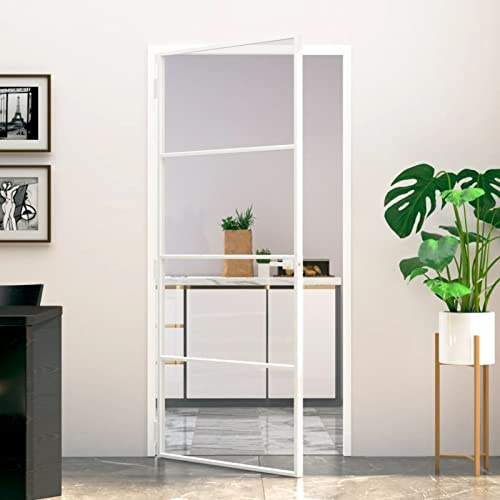 Festnight Puerta Interior de Vidrio Templado y Aluminio, Puerta de Cristal Moderna, Sólido y Seguro, Blanco 93x201.5 cm