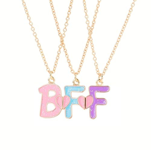 Hifot 3 Stück Halskette Damen Gold Freundschaftskette, Bff Ketten für 3 Mädchen, Kette Herz Anhänger, Brief Halskette Lang für Frauen Freundin Geschenk Personalisierter Schmuck