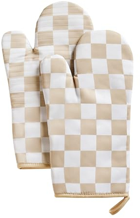 Ohocut Beige Checkered Oven Mitts Heat Resistant, Vintage Retro Checkerboard Cute Oven Mitts, Non-Slip Silicone Kitchen Oven Gloves 1 Pair 7''x13''