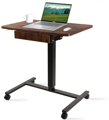 CLATINA Mobile Laptop Standing Desk, Height Adjustable Teacher Podium with Lockable Wheels, Adjustable Work Table with Drawer, Computer Cart Overbed Table for Home Office Classroom, Brown