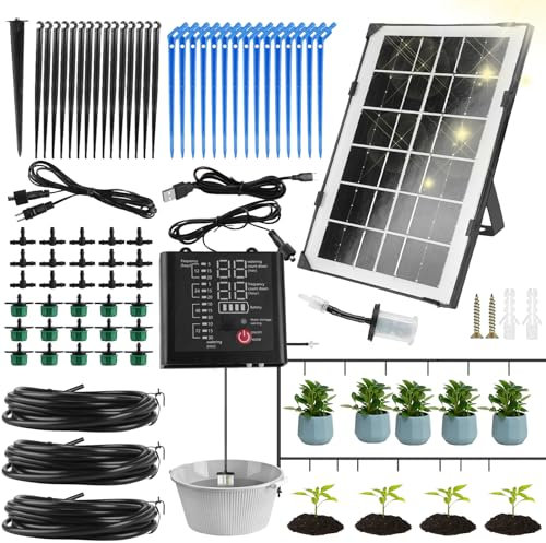 Sistema di irrigazione solare automatico per piante Sistema a goccia con 12 modalità timer, sensore dell'acqua, tubo da 15 m per giardino, balcone, piante in vaso, vacanze