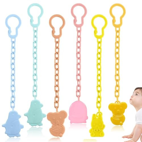 XURJUMI Lot de 6 attache sucette silicone avec clip, Attaché Tetine pour Bebe pour garçons et filles Chaîne de Sucette Multicolore