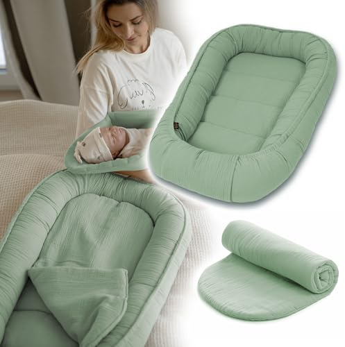 PaLulli® Baby Nestchen 100x60cm – Weiches Musselin-Babynest mit Matratze | Schlafnest, Kokon, Reisebett für Neugeborene | 100% Baumwolle (Salbei grün)
