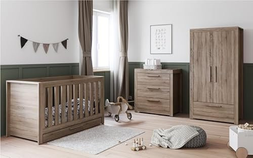 Little Acorns Ellesmere 3 Piece Nursery Furniture Set Cot bed, Double Door Wardrobe and Dresser with Removable Baby Changing Surround Truffle Oak