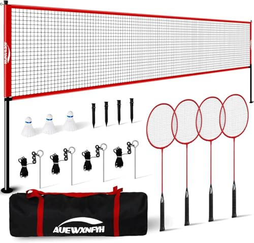 AUEWXNFYH Backyard Badminton Set: Portable Outdoor Net with 4 Performance Rackets, 3 Shuttlecocks & Boundary Line - Complete Heavy-Duty Set for Family Lawn, Grass & Beach Games