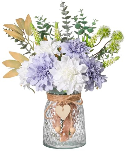 Faux Flowers with Vase Artificial Blue & White Dahlia Flowers in Vase Fake Eucalyptus Plant Floral Arrangement for Dining Table Centerpieces Home Kitchen Office Coffee Bathroom Decorations(Blue&White)