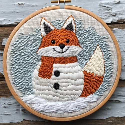 Punch Needle kit for Beginners, Fox Hugging Snowman Motif, Punch Stitching kit for Adults, Needle Punch Kits for Adults, Seasonal Stitching Set