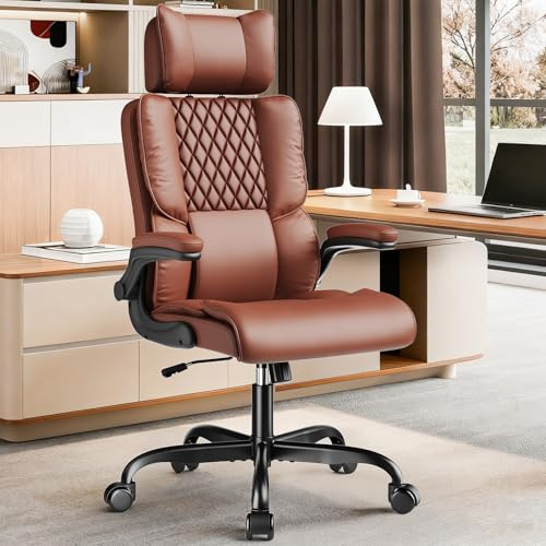 Sytas Ergonomic Office Chair with Adjustable Headrest, Executive Leather Desk Chair with Upgraded Lumbar Support for Lower Back Pain Relief, Thickened Backrest Computer Chair for Home Office, Brown
