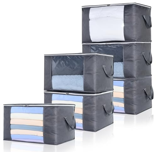 OTraki 6 Piezas Organizador Armario, Cajas Almacenaje Ropa, Bolsas para Guardar Ropa con Ventana Transparente, Bolsas Almacenaje Ropas Plegables para Mantas, Edredones y Juguetes, 60L, Gris