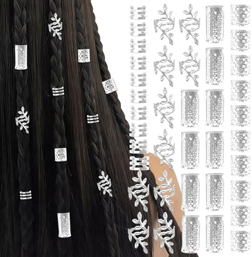 40 Piezas Adornos Para el Pelo,Dreadlocks Joyería,Anillos para el Pelo Ajustable,Clips en espiral ajustables,decorar cabello de hombres,mujeres y niños (Plata)