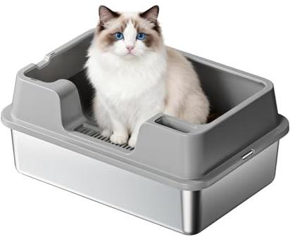 Stainless Steel Cat Litter Tray, XL Cat Litter Box with High Sides Anti Leakage, Easy to Clean and Odour-Resistant, Metal Litter Box with Litter Scoop for All Cats, Leak-Proof, Anti-Slip, 50×35×27 cm