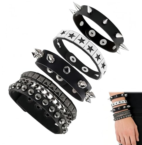 Set di 4 Braccialetti in Pelle Punk Rock con Borchie Metalliche - Stile Anni '80 per Uomo e Donna, Perfetti per Moto Party e Look Alternativi