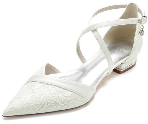 Zapatos de Boda Mujer con Encaje - Zapatos Ceremonia Cómodo Tacón Bloque 2,5 cm - Bailarinas Puntiagudas con Tobillo Cruzada Novias y Damas de Honor