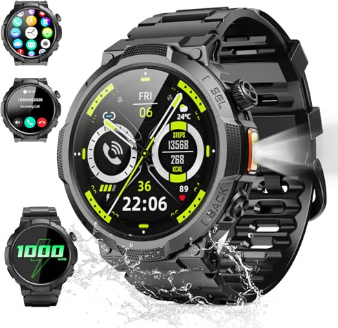 Smartwatch Uomo Militare, Orologio Smartwatch 1.43 con Chiamate Bluetooth, 100+ Modalità Sportive, Batteria 1000 mAh, Monitoraggio Sonno e Cardiofrequenzimetro, Torcia e Bussola per IOS/Android
