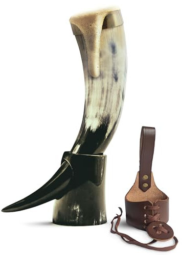 Norse Tradesman Genuine Ox-Horn Viking Drinking Horn Set - Includes Ale Horn With Brass Rim, Premium Brown Leather Belt Holster, Stand & Burlap Gift Sack | The Classic, Polished, 30 cm