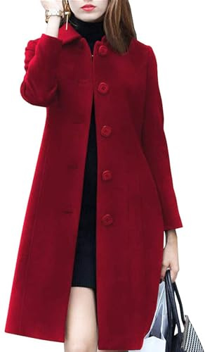 chouyatou Women's Fall Winter Elegant Single Breasted Long Wool Coat Overcoat (2X-Large, Red)