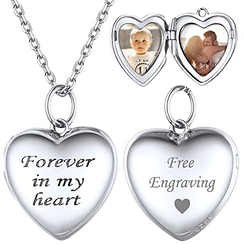 ChicSilver Personalisierter Damen Mädchen Photo Amulett Medaillon Silber Liebesherz mit „Forever in my heart“ Medaillon Halskette Foto Anhänger für Valentinstag Weihnachten