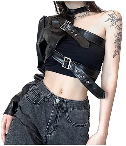 ORANDESIGNE Veste Courte en Cuir pour Femme Crop Top Gothique Schwarz PU Leder à Une épaule Manteau Court à Boucle Streetwear Veste de Moto Punk C Noir L