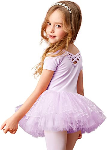MdnMd Short Sleeve Dance Ballet Tutu Shiny Colorful Skirt Leotard Ballerina for Toddler Girls Dancewear (Purple, 2-4 Years)