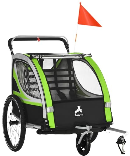 Aosom 3-in-1 Walk/Jog/Ride Child Baby Bike Trailer for Kids 2 Seater, High-Visibility Bike Stroller for Toddler Wagon, Weather-Strong Double Bicycle Trailer Accessory, Green