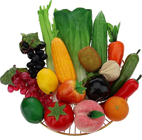 Woration 18pcs Simulazione Artificiale Frutta Verdura Decorazione Casa Finta Uva Pesca Fragola Arancione Limone Kiwi Realistico Mais Peperoni Sedano Carote Aglio Pomodori