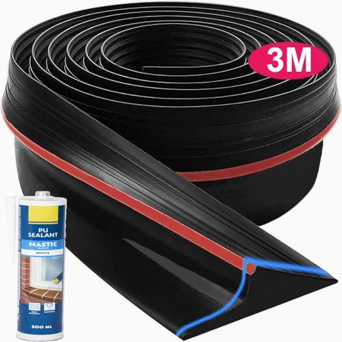 Joint de seuil pour porte de garage 3M avec colle de montage | Seuil d'étanchéité en caoutchouc pour les bas de porte basulante ou standard | Barrière anti-inondation et isolation thermique