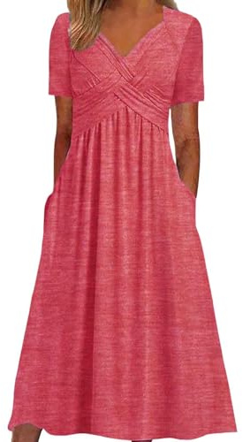Sommarklänning, damer, lång maxiklänning, ledig, crossover t-shirt, kortärmad strandklänning med V-ringning, hög midja, blomtryck, A-linjeformad klänning, lös tunika, fritidsklänning med fickor