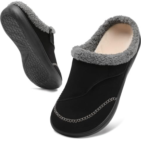 relxfeet Mens Wide Slippers Adjustable Diabetic Orthopedic House Shoes with Arch Support Indoor Outdoor Slip On Warm Clogs for Swollen Feet Plantar Fasciitis Relief, Black Size 9.5