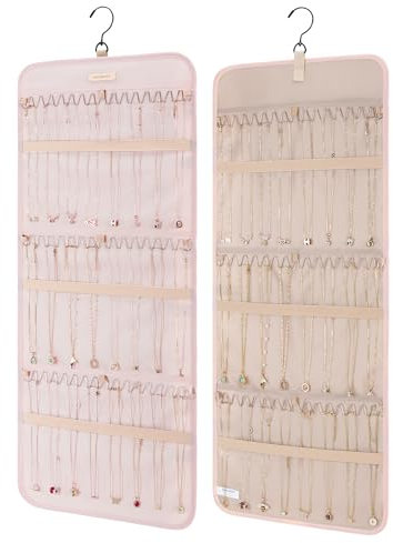 bagsmart Hängender Halsketten-Organizer, Schmuckhalter, Aufbewahrungsrolle mit Aufhänger, Metallhaken, Doppelseitiger Schmuck-Organizer für Halsketten, Armbänder an Schrank, 1 Stück, Groß-Rosa