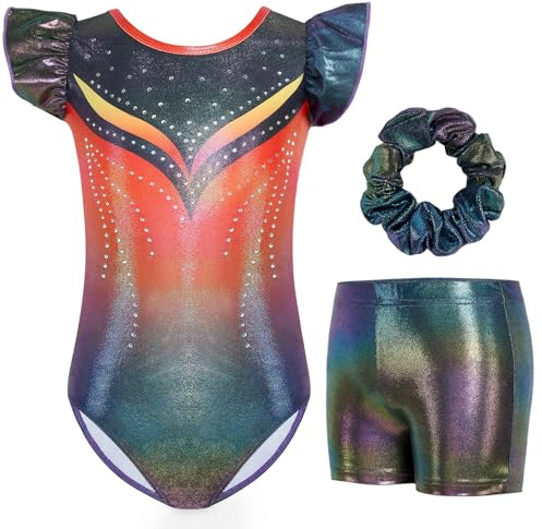 Gogokids 3-delat set med fladdrande ärmar, gymnastikdräkt för barn, gymnastiktröjor med färggradient, paljetter och glitterdesign, gymnastikdräktsetet innehåller tröja, shorts och hårband för 3–12 år,